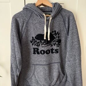 Roots Men's Heather Dark Blue Crewneck Hoodie with Black Logo